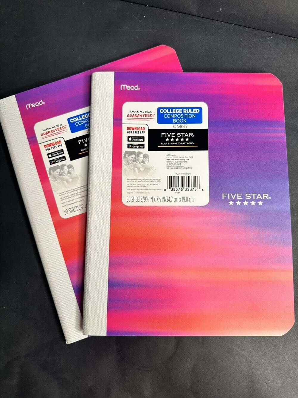 Five Star College Ruled Composition 2pc Books 80 Sheets Pink Purple